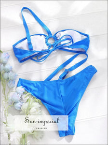 Women’s One Shoulder Blue Asymmetrical Cut Out Bikini Sun-Imperial United States