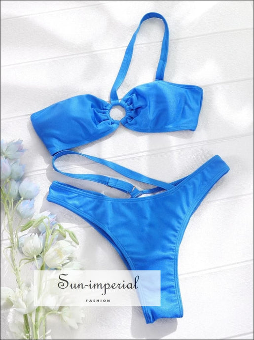Women’s One Shoulder Blue Asymmetrical Cut Out Bikini Sun-Imperial United States