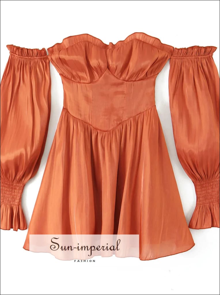 Women’s Orange Off The Shoulder Long Pirate Sleeve Corset Style Mini Dress the shoulder style Sun-Imperial United States
