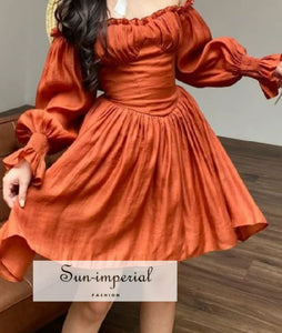 Women’s Orange Off The Shoulder Long Pirate Sleeve Corset Style Mini Dress the shoulder style Sun-Imperial United States