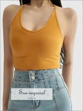 Women’s Padded Jersey Camisole Bow Halter Crop Top – Summer Yoga & Casual Tank bow, camisole, halter top, padded, spandex Sun-Imperial