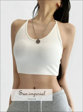 Women’s Padded Jersey Camisole Bow Halter Crop Top – Summer Yoga & Casual Tank bow, camisole, halter top, padded, spandex Sun-Imperial