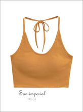 Women’s Padded Jersey Camisole Bow Halter Crop Top – Summer Yoga & Casual Tank bow, camisole, halter top, padded, spandex Sun-Imperial