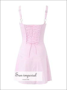 Women’s Pink Corset Style Mini Dress With Center Bow And Cross Up Lace Back Detail up Sun-Imperial United States