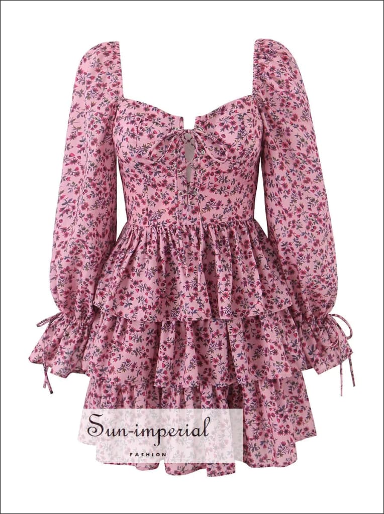 Sun-Imperial - Womens Pink Floral Long Lateran Sleeve Layered Mini Dress with Ruffles Detail Pink / S Sun-Imperial - Womens Pink Floral Long Lateran Sleeve Layered Mini Dress with Ruffles Detail Pink / S