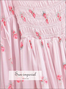 Women’s Pink Floral Satin Off Shoulder Ruched Bust Long Flare Pirate Sleeve Mini Dress Sun-Imperial United States