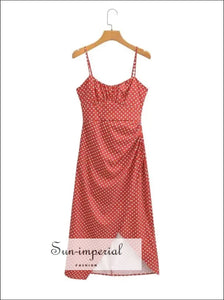 Women’s Red Polka Dot Sleeveless Backless Midi Dress With Front Slit Detail Detail, Sun-Imperial United States