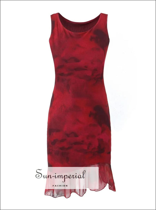 Women’s Red Tie-dye Sleeveless Mesh Mini Dress With Ruffle Detail Sun-Imperial United States