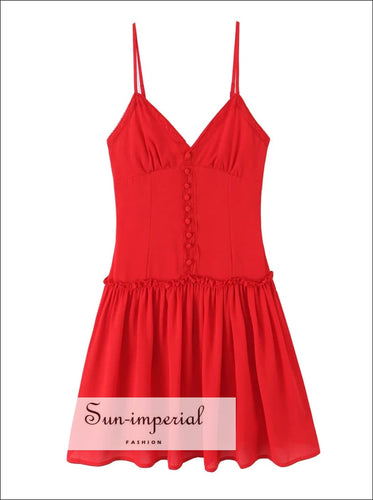 Women’s Red v Neckline A-line Dress with Boutons Detail V neckline A-Line With Sun-Imperial United States