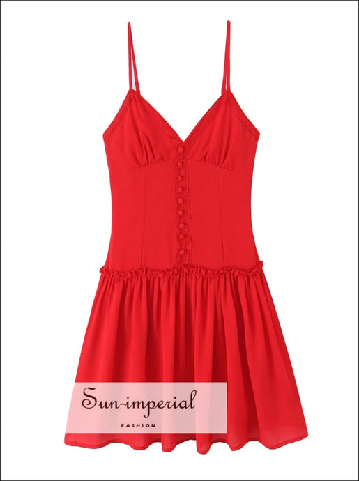 Women’s Red v Neckline A-line Dress with Boutons Detail V neckline A-Line With Sun-Imperial United States