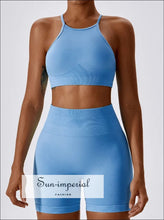 Women’s Seamless Yoga Set High Neck Open Back Sports Bra & Scrunch Butt Shorts Sun-Imperial United States