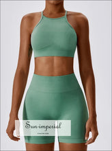 Women’s Seamless Yoga Set High Neck Open Back Sports Bra & Scrunch Butt Shorts Sun-Imperial United States