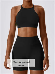 Women’s Seamless Yoga Set High Neck Open Back Sports Bra & Scrunch Butt Shorts Sun-Imperial United States