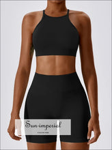 Women’s Seamless Yoga Set High Neck Open Back Sports Bra & Scrunch Butt Shorts Sun-Imperial United States