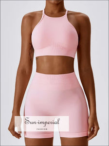 Women’s Seamless Yoga Set High Neck Open Back Sports Bra & Scrunch Butt Shorts Sun-Imperial United States