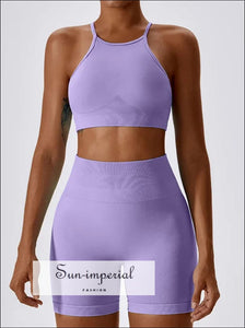 Women’s Seamless Yoga Set High Neck Open Back Sports Bra & Scrunch Butt Shorts Sun-Imperial United States