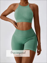 Women’s Seamless Yoga Set High Neck Open Back Sports Bra & Scrunch Butt Shorts Sun-Imperial United States