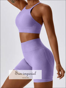 Women’s Seamless Yoga Set High Neck Open Back Sports Bra & Scrunch Butt Shorts Sun-Imperial United States