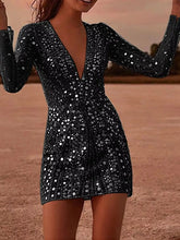 Women's Sequin V-Neck Long-Sleeve Bodycon Mini Dress - product photo 1