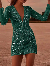 Women's Sequin V-Neck Long-Sleeve Bodycon Mini Dress - product photo 8