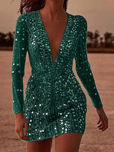 Women's Sequin V-Neck Long-Sleeve Bodycon Mini Dress - product photo 9