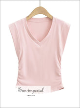 Women’s Slim v Neck Sleeveless Tee Top With Ruched Side Detial V Sun-Imperial United States