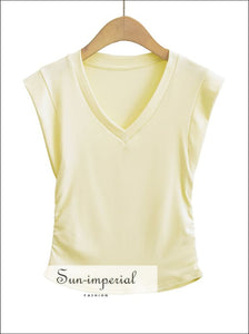 Women’s Slim v Neck Sleeveless Tee Top With Ruched Side Detial V Sun-Imperial United States