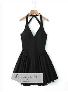 Women’s Solid Black Plated Halter Mini Dress With Deep v Neckline Detail V Sun-Imperial United States