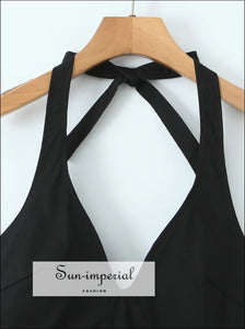 Women’s Solid Black Plated Halter Mini Dress With Deep v Neckline Detail V Sun-Imperial United States
