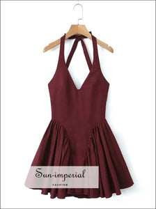 Women’s Red Wine Plated Halter Mini Dress With Deep v Neckline Detail Solid Black V Detail, Sun-Imperial United States