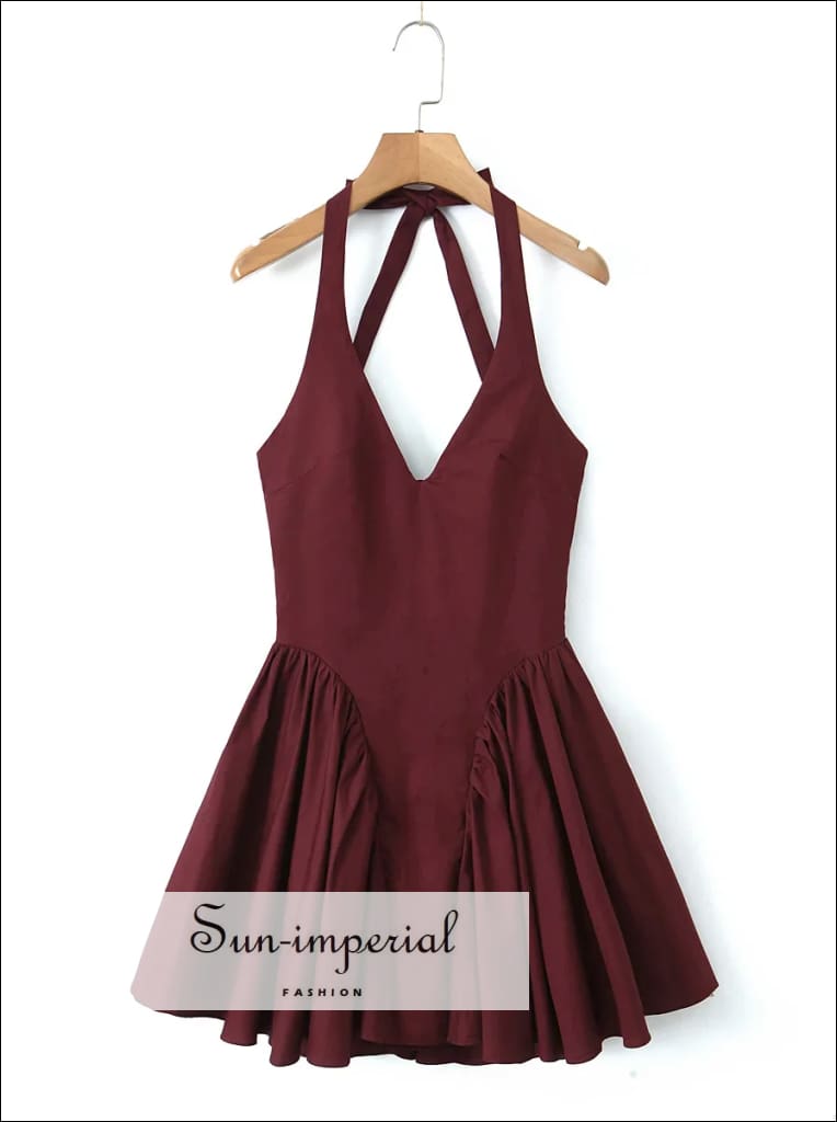 Sun-imperial - womens red wine plated halter mini dress with deep v neckline detail Claret / M Sun-imperial - womens red wine plated halter mini dress with deep v neckline detail Claret / M
