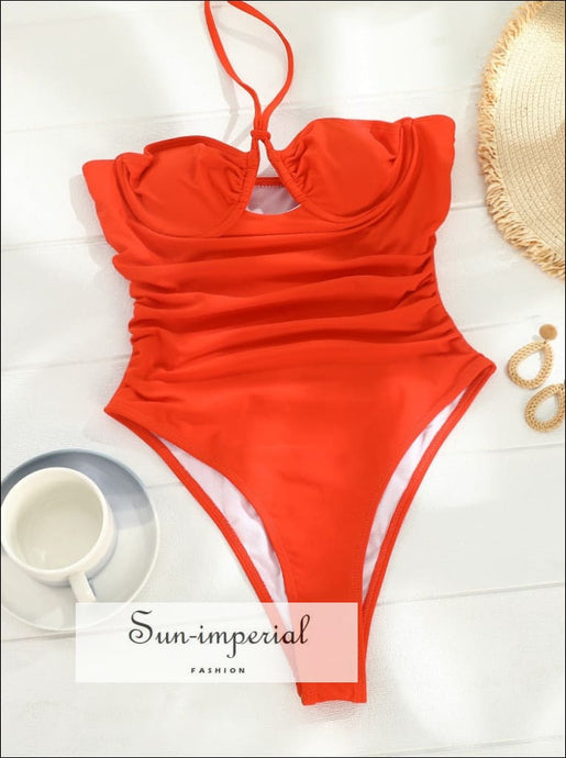 Women’s Solid Red Underwire Halter One Piece Swimsuit Swimsuit, Sun-Imperial United States