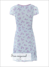 Women’s Sort Sleeve Light Blue Floral Deep V neck Mesh Mini Dress With Central Bow Detail Sun-Imperial United States