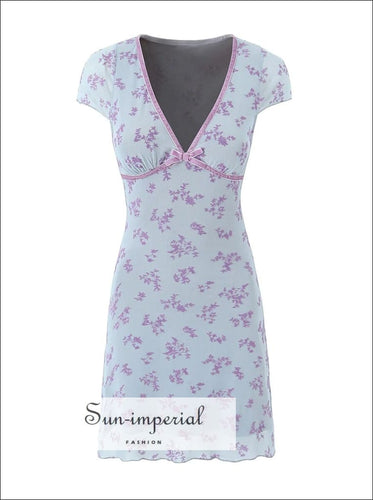 Women’s Sort Sleeve Light Blue Floral Deep V neck Mesh Mini Dress With Central Bow Detail Sun-Imperial United States
