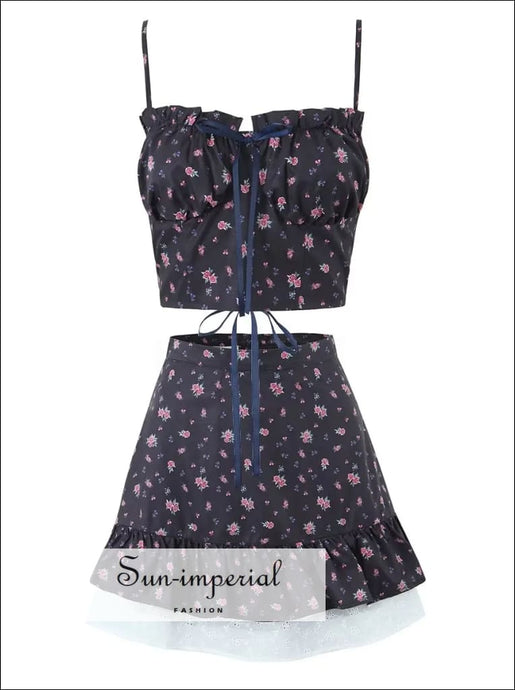 Women’s Two Piece Skirt Set With Black Floral Print Tie Strap Cropped Cami Top And High Waist Mini White Lace Detail Sun-Imperial United