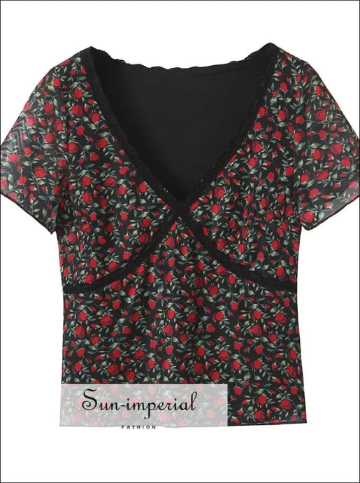 Women’s v Neckline Black With Red Rose Flower Print Short Sleeve Mesh Top Sun-Imperial United States