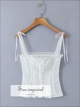 Women’s White Buttoned Tie Cami Strap Tank Top With Lace Detail Sun-Imperial United States