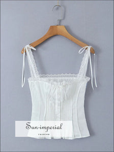 Women’s White Buttoned Tie Cami Strap Tank Top With Lace Detail Sun-Imperial United States