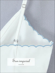 Women’s White Center Bow Cropped Camisole with Blue Wavy Edges Detail With wavy Sun-Imperial United States