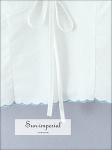 Women’s White Center Bow Cropped Camisole with Blue Wavy Edges Detail With wavy Sun-Imperial United States