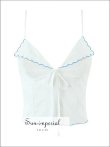 Women’s White Center Bow Cropped Camisole with Blue Wavy Edges Detail With wavy Sun-Imperial United States