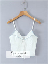 Women’s White Center Bow Cropped Camisole with Blue Wavy Edges Detail With wavy Sun-Imperial United States