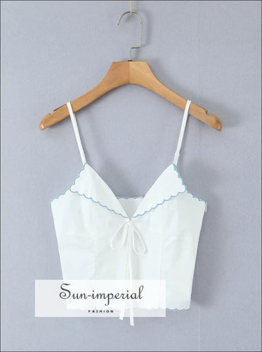 Women’s White Center Bow Cropped Camisole with Blue Wavy Edges Detail With wavy Sun-Imperial United States