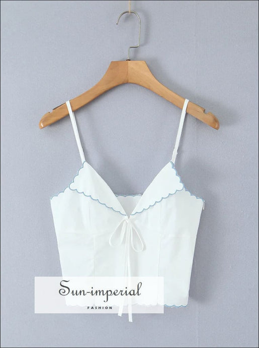 Women’s White Center Bow Cropped Camisole with Blue Wavy Edges Detail With wavy Sun-Imperial United States