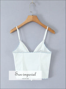 Women’s White Center Bow Cropped Camisole with Blue Wavy Edges Detail With wavy Sun-Imperial United States