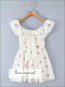 Women’s White Floral Print Center Bow Mini Dress with Lace Detail With Sun-Imperial United States