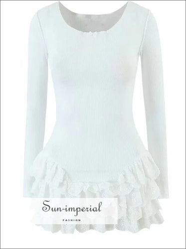 Women’s White Long Sleeve Round Neck Mini Dress with Layered Ruffles Detail With Sun-Imperial United States