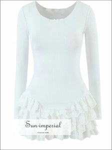 Women’s White Long Sleeve Round Neck Mini Dress with Layered Ruffles Detail With Sun-Imperial United States