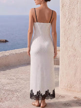 White polka dot maxi slip dress for women with delicate lace trim