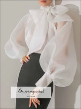 Women’s White Sheer Chiffon Long Lantern Sleeve Bow Tie Blouse Sun-Imperial United States